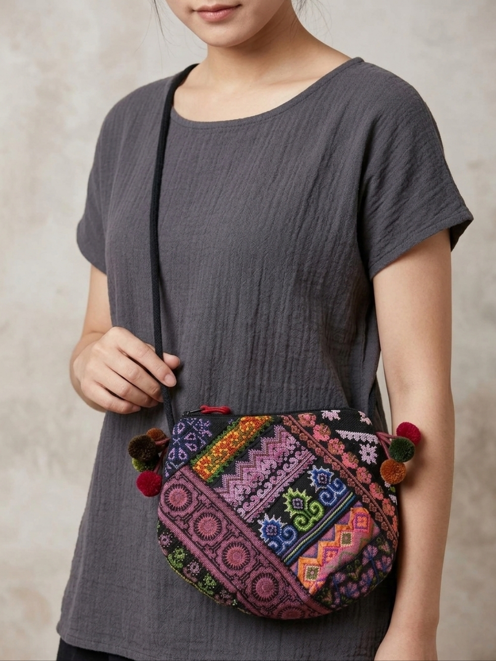 Artisanal Hmong Tribal Crossbody Bag – High-Density Embroidery Boho Festival Bag
